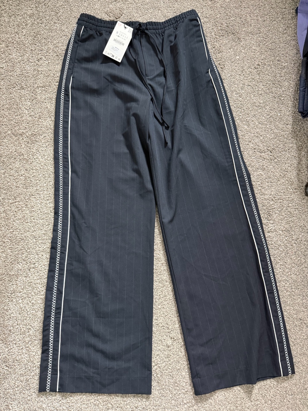 Zara Black Pinstripe Wide-Leg Joggers with White Side Trim